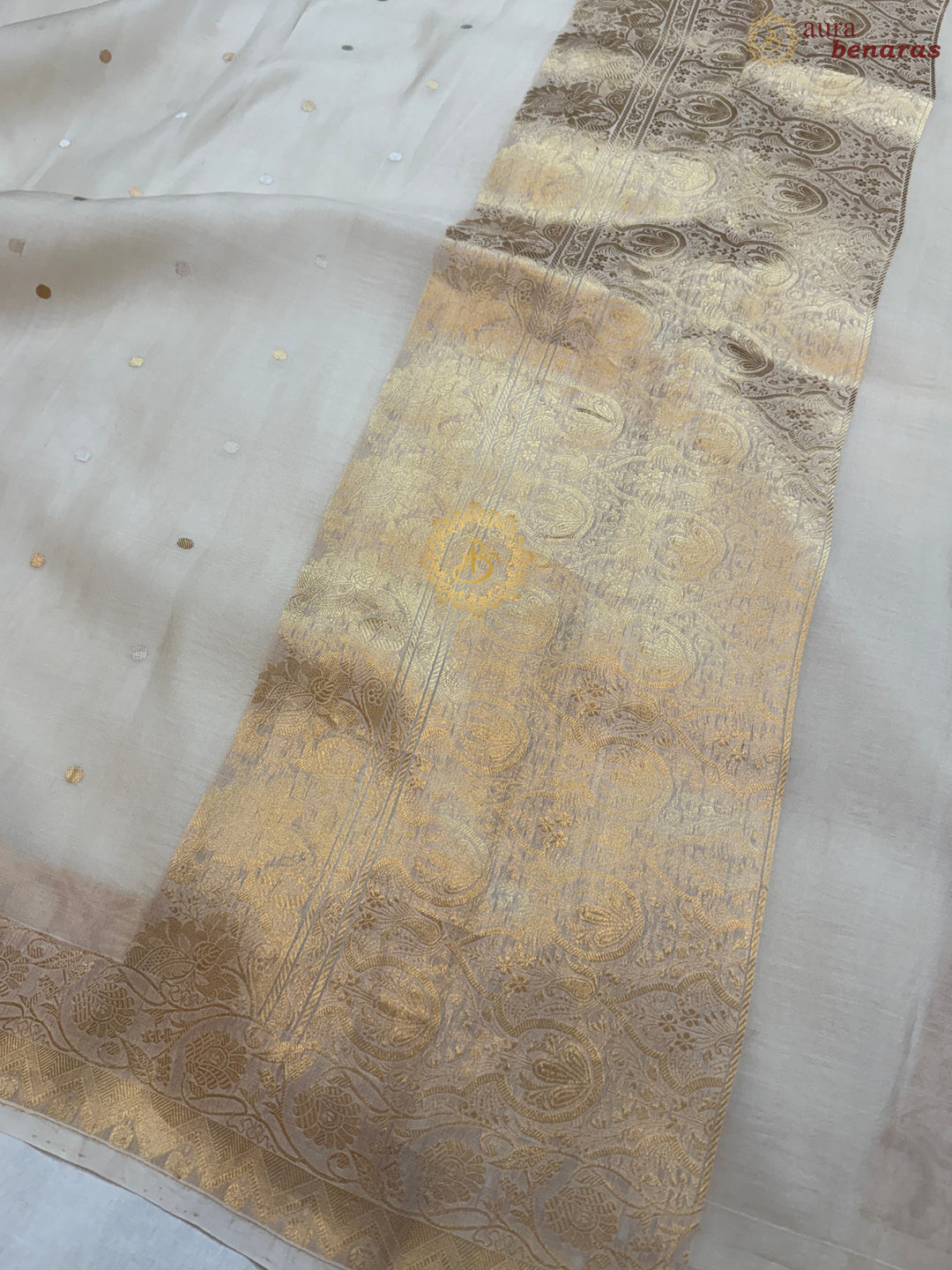 Cream Pure Kora Silk Handloom Banarasi Saree
