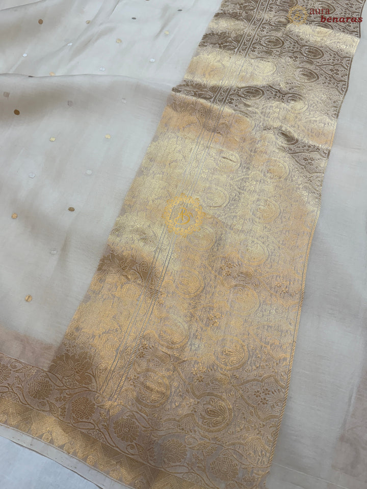 Cream Pure Kora Silk Handloom Banarasi Saree