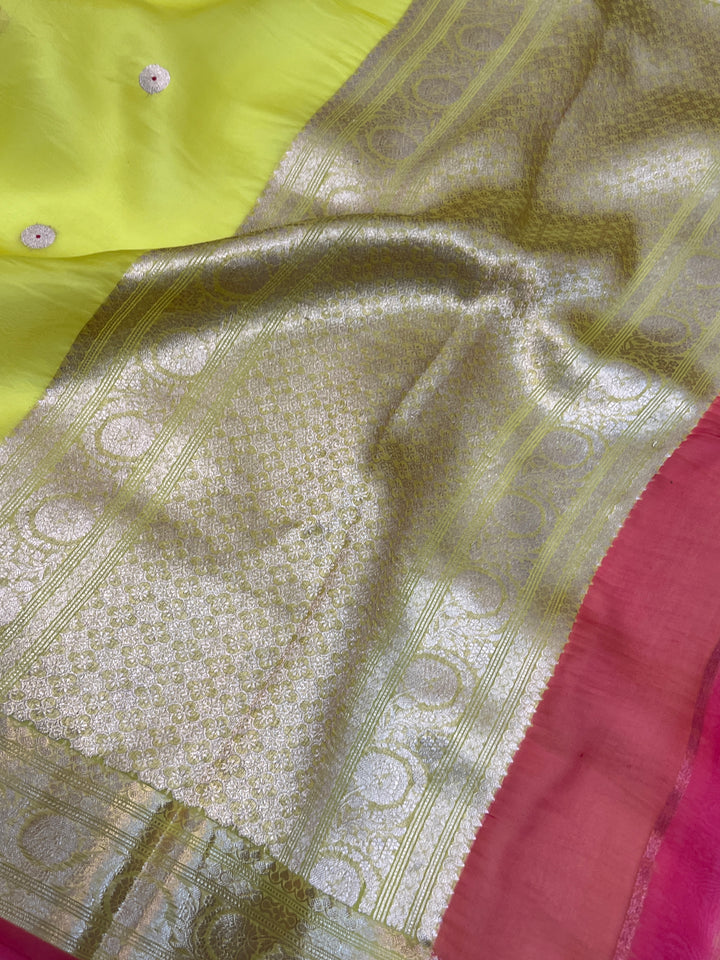 Lemon Yellow Pure Kora Silk Handloom Banarasi Saree