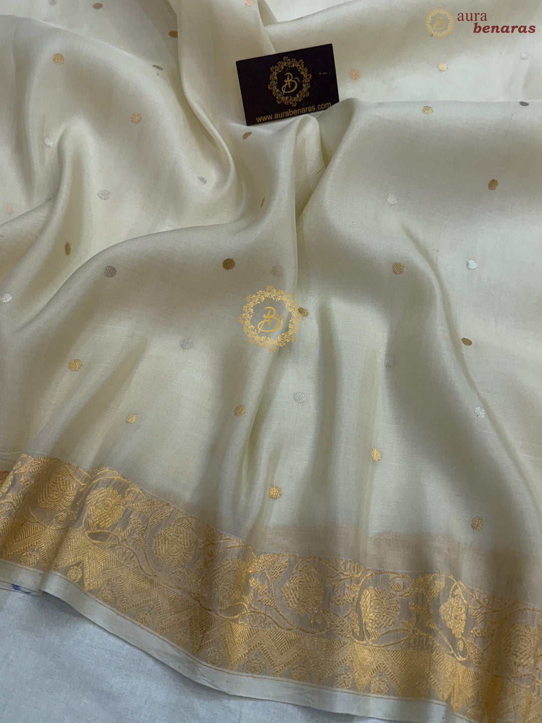 Cream Pure Kora Silk Handloom Banarasi Saree