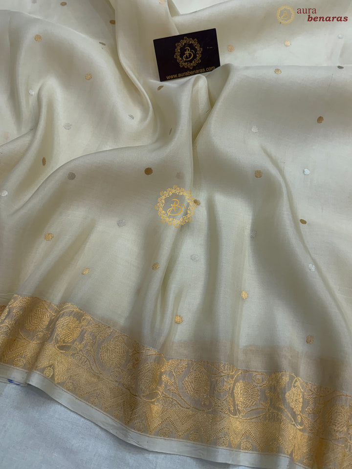 Cream Pure Kora Silk Handloom Banarasi Saree