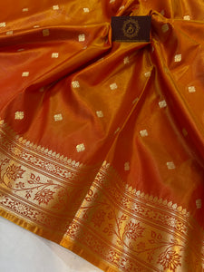 Orange Banarasi Handloom Satin Silk Saree - Aura Benaras