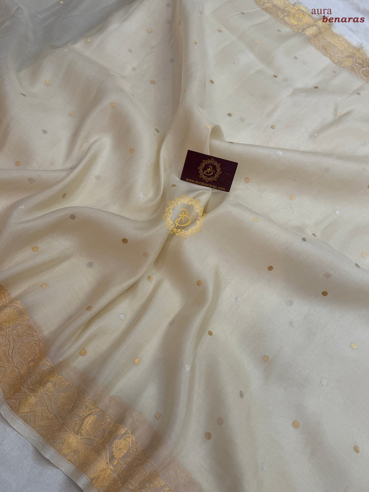 Cream Pure Kora Silk Handloom Banarasi Saree