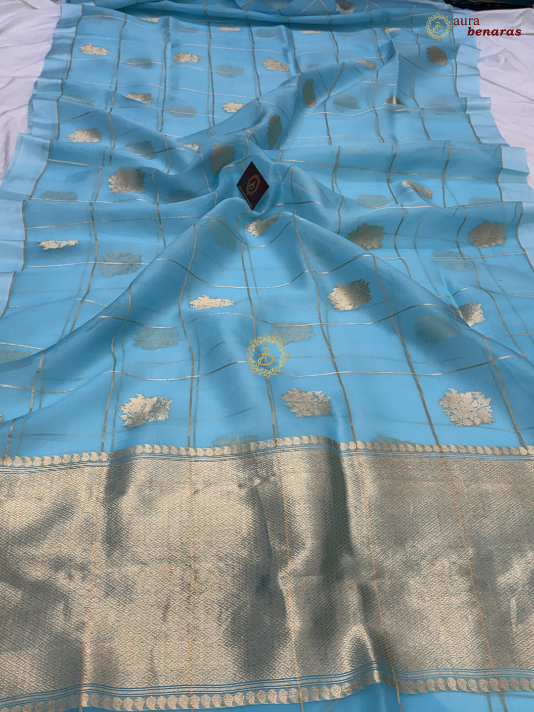 Sky Blue Kora Silk Banarasi Saree with Sona Rupa Butas