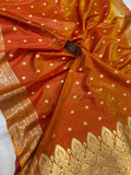 Orange Banarasi Handloom Satin Silk Saree - Aura Benaras