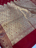 Red Banarasi Handloom Satin Silk Saree - Aura Benaras