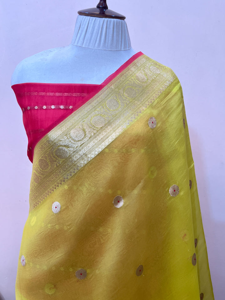 Lemon Yellow Pure Kora Silk Handloom Banarasi Saree