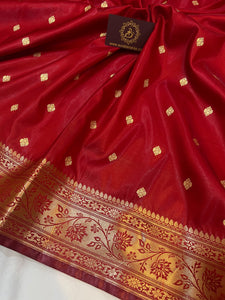 Red Banarasi Handloom Satin Silk Saree - Aura Benaras