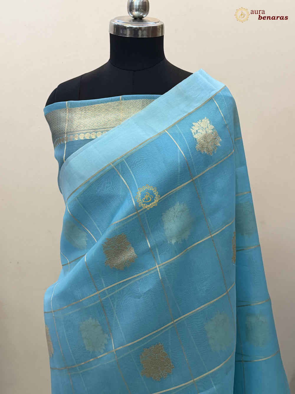 Sky Blue Kora Silk Banarasi Saree with Sona Rupa Butas