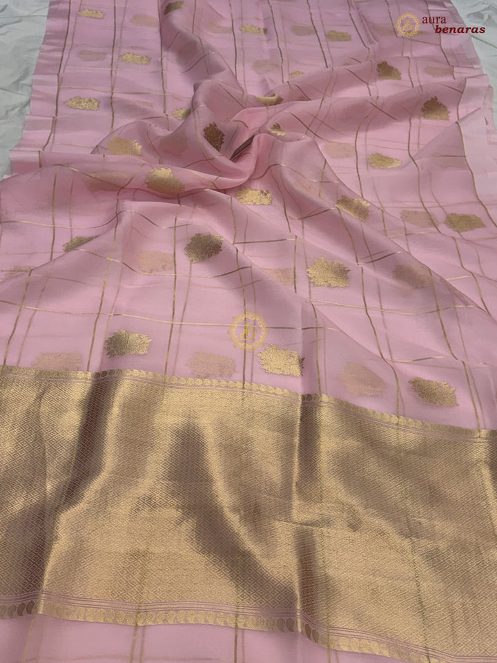 Baby Pink Kora Silk Banarasi Saree with Sona Rupa Butas