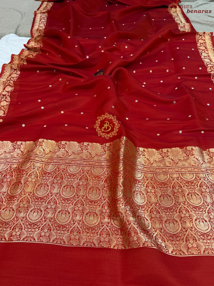 Deep Red Pure Kora Silk Handloom Banarasi Saree