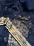 Navy Blue Pure Banarasi Handloom Silk Saree - Aura Benaras