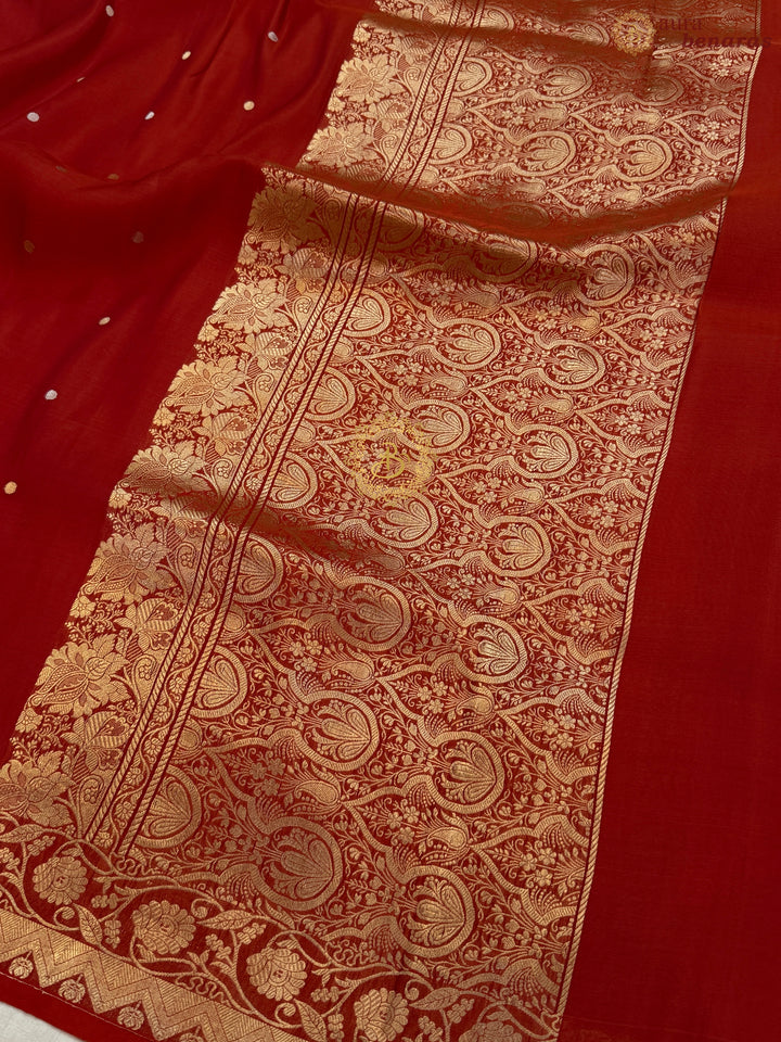 Deep Red Pure Kora Silk Handloom Banarasi Saree