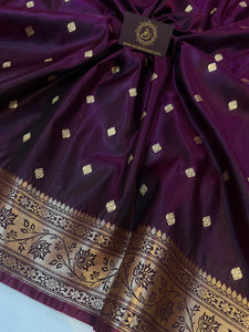 Wine Banarasi Handloom Satin Silk Saree - Aura Benaras