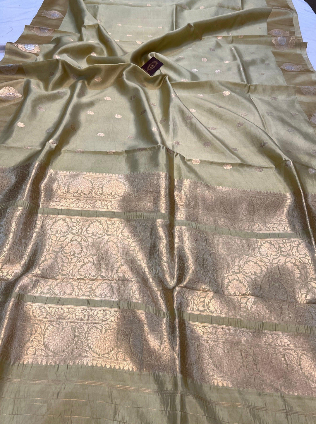 Pastel Olive Green Pure Banarasi Handloom Silk Saree - Aura Benaras