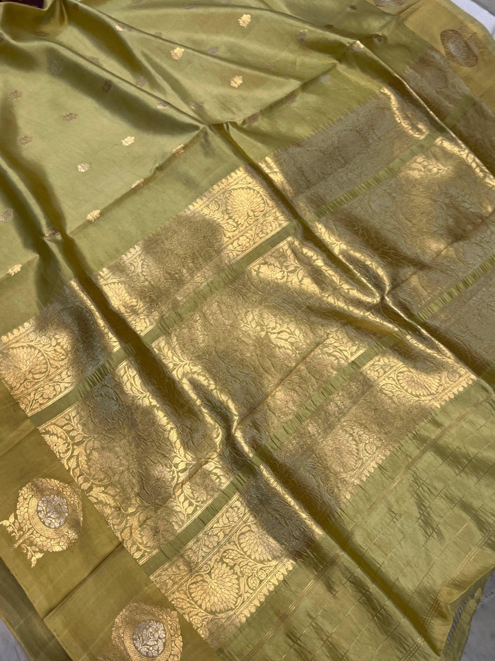 Pastel Olive Green Pure Banarasi Handloom Silk Saree - Aura Benaras
