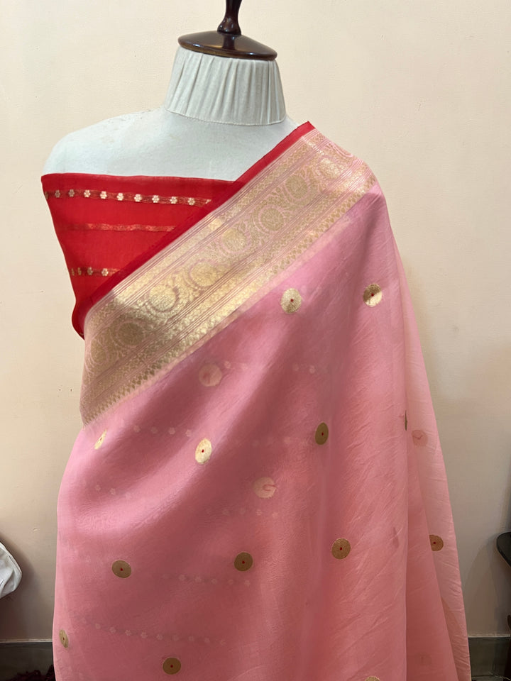 Baby Pink Pure Kora Silk Handloom Banarasi Saree