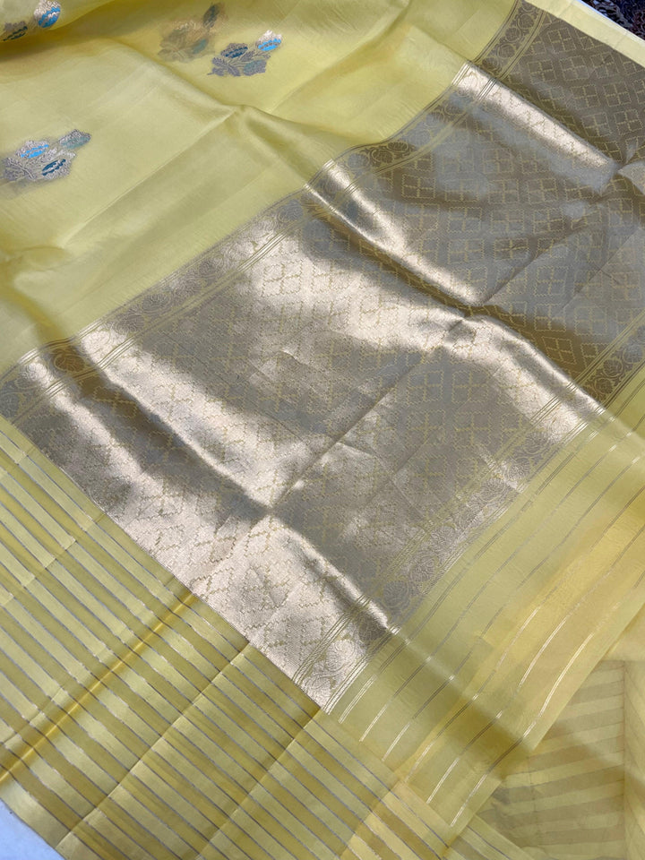 Lemon Yellow Pure Banarasi Handloom Silk Saree - Aura Benaras