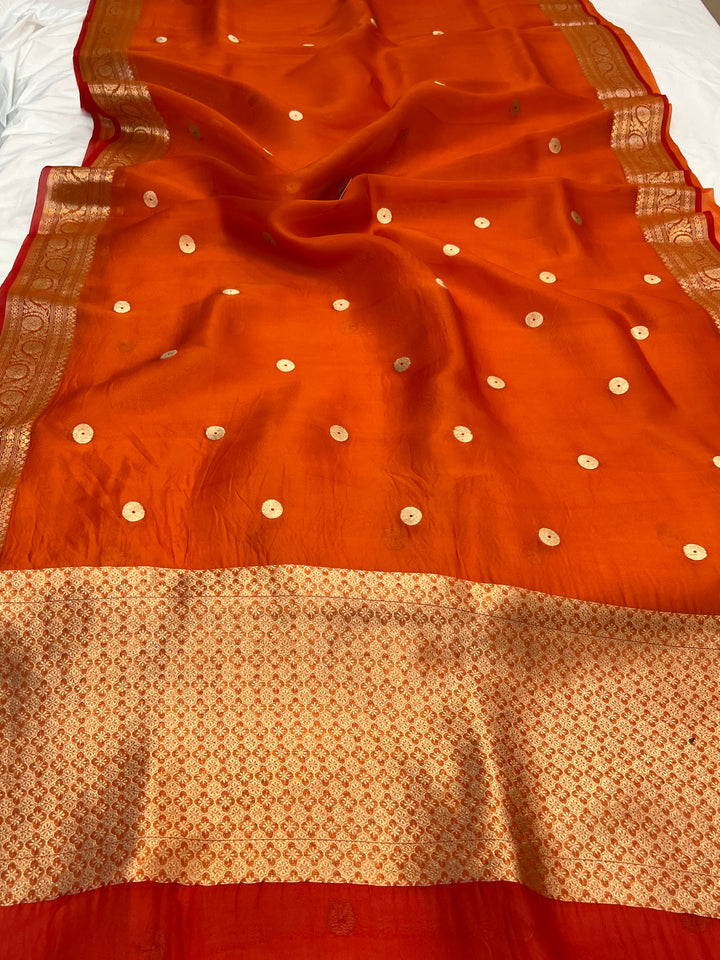 Orange Pure Kora Silk Handloom Banarasi Saree