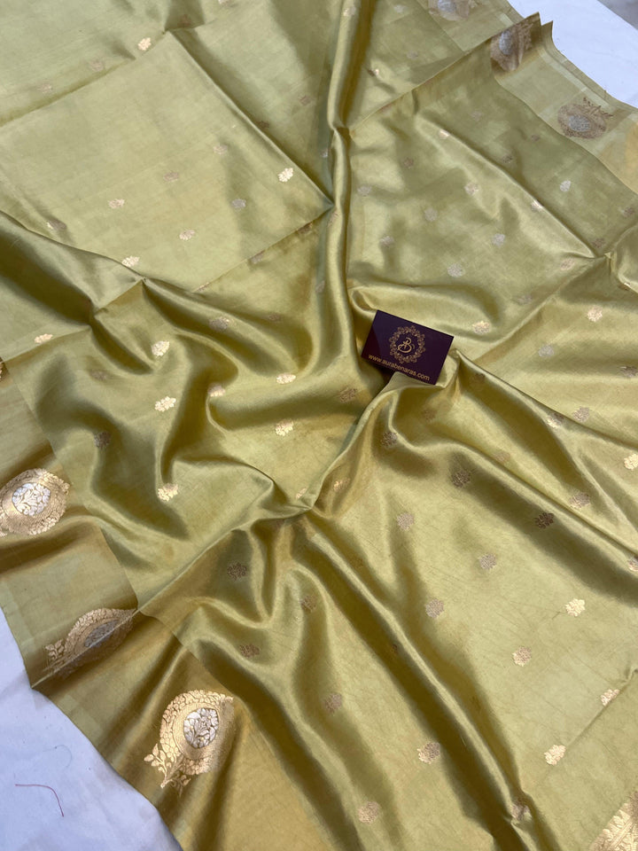 Pastel Olive Green Pure Banarasi Handloom Silk Saree - Aura Benaras