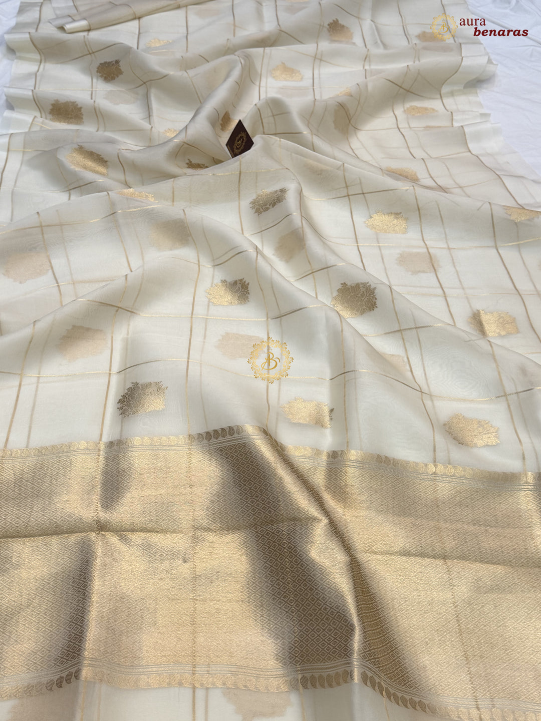 Cream Kora Silk Banarasi Saree with Sona Rupa Butas