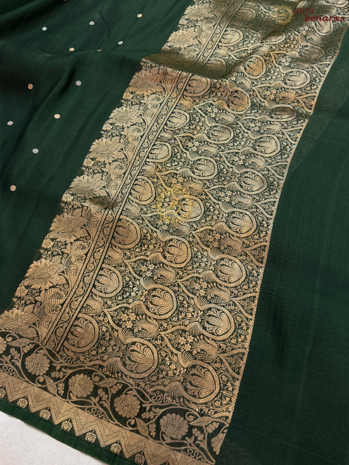 Bottle Green Pure Kora Silk Handloom Banarasi Saree