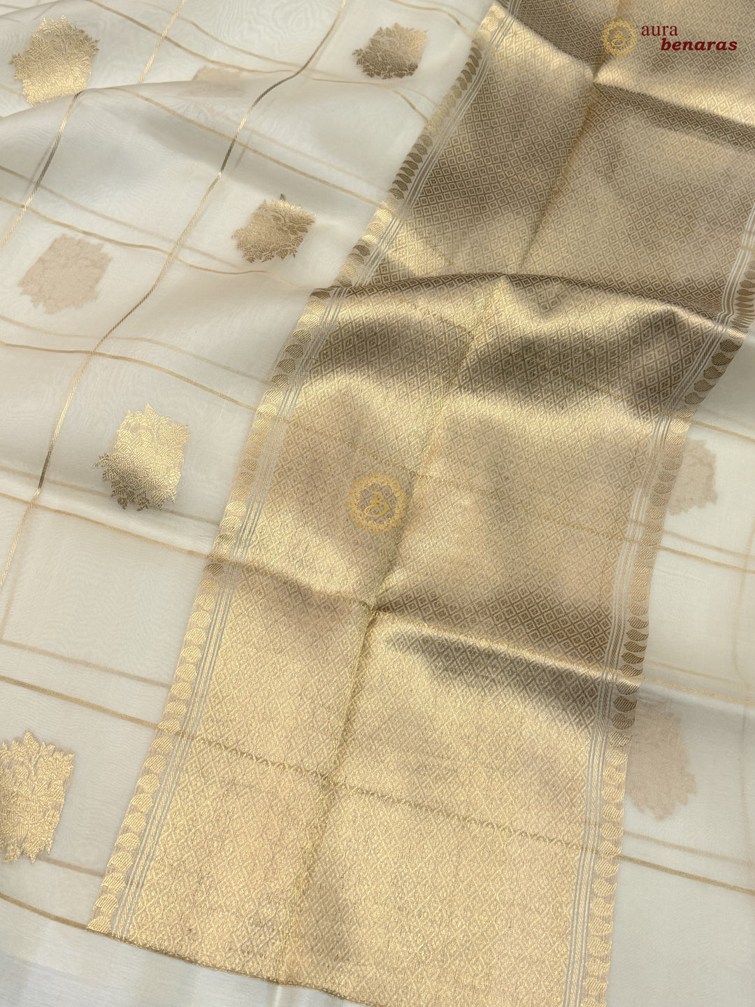 Cream Kora Silk Banarasi Saree with Sona Rupa Butas
