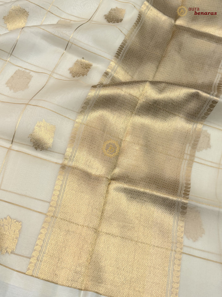 Cream Kora Silk Banarasi Saree with Sona Rupa Butas