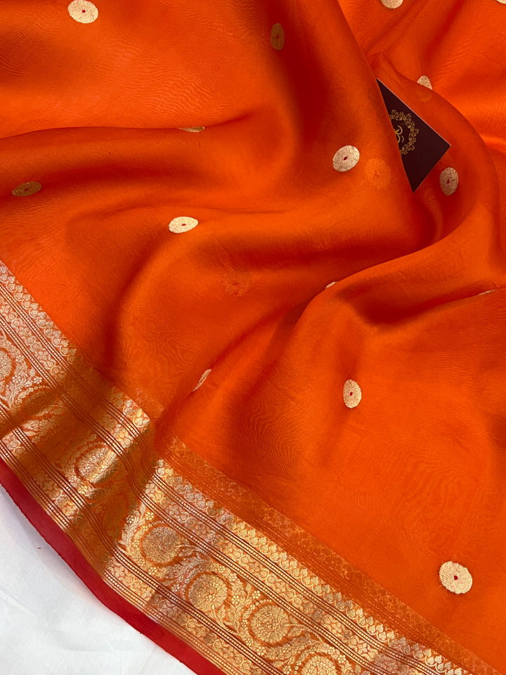 Orange Pure Kora Silk Handloom Banarasi Saree