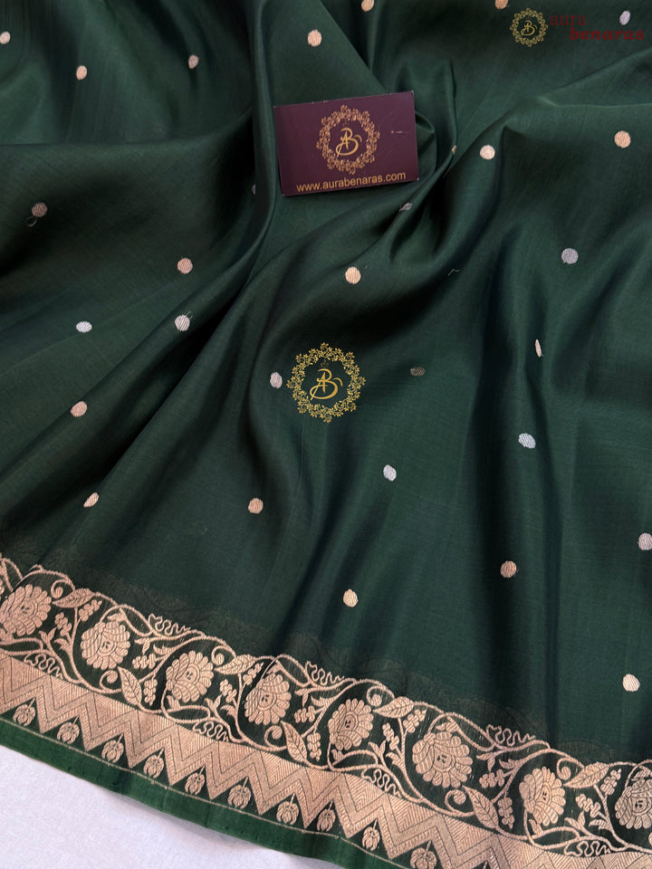 Bottle Green Pure Kora Silk Handloom Banarasi Saree