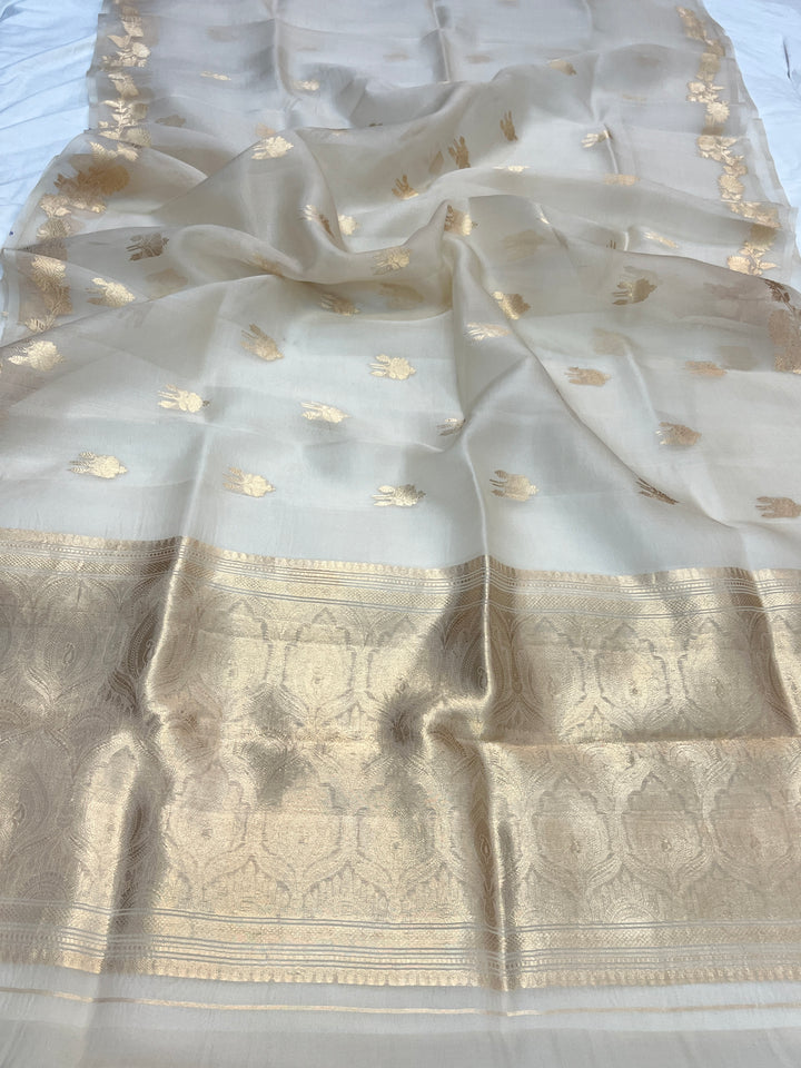 Off White Pure Kora Silk Handloom Banarasi Saree