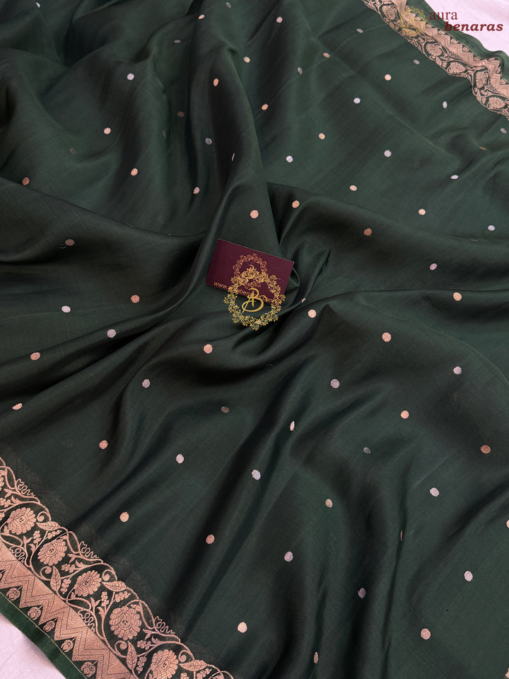 Bottle Green Pure Kora Silk Handloom Banarasi Saree