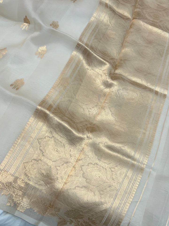Off White Pure Kora Silk Handloom Banarasi Saree