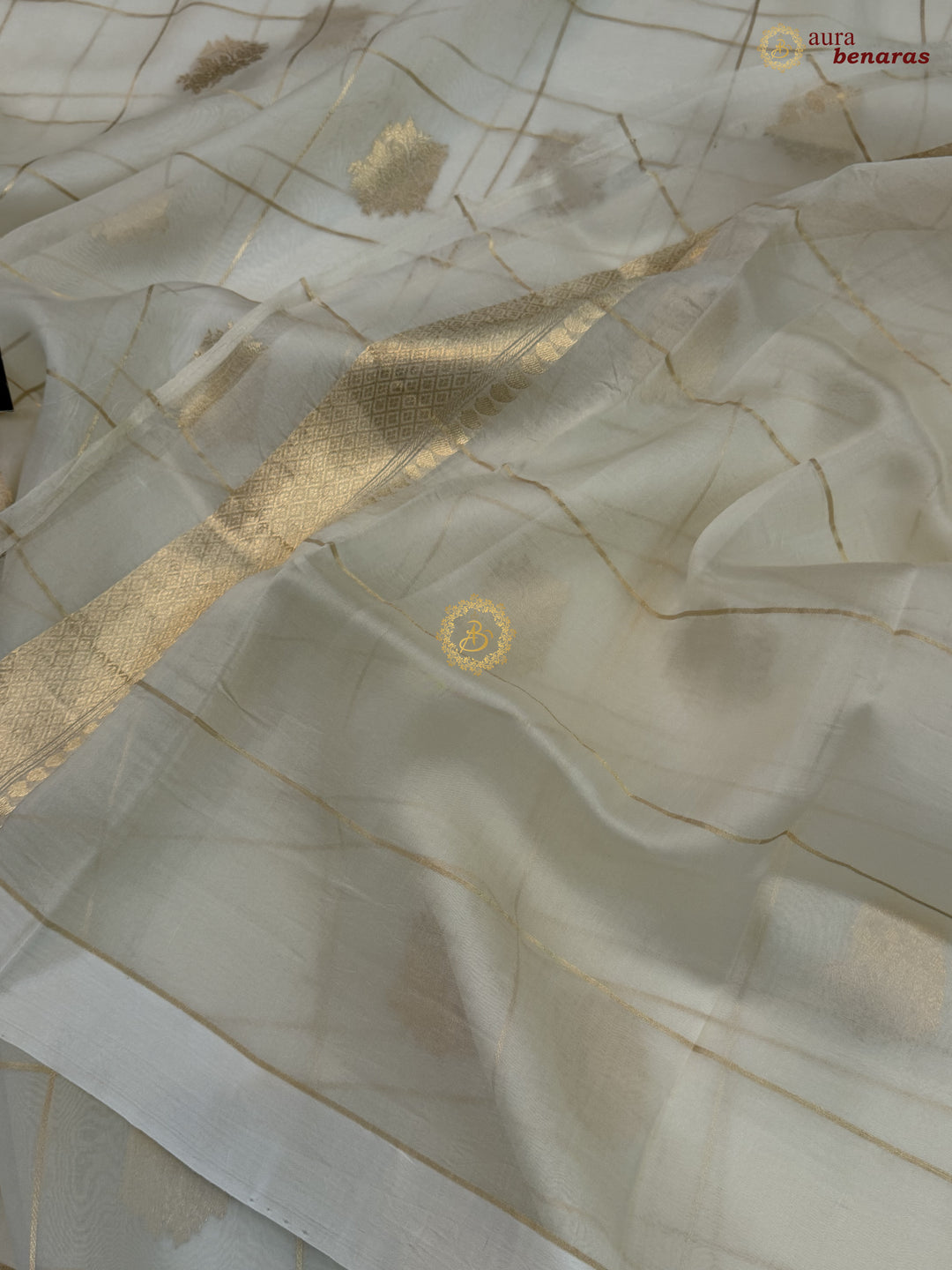 Cream Kora Silk Banarasi Saree with Sona Rupa Butas