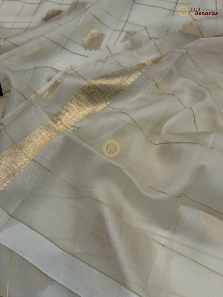 Cream Kora Silk Banarasi Saree with Sona Rupa Butas