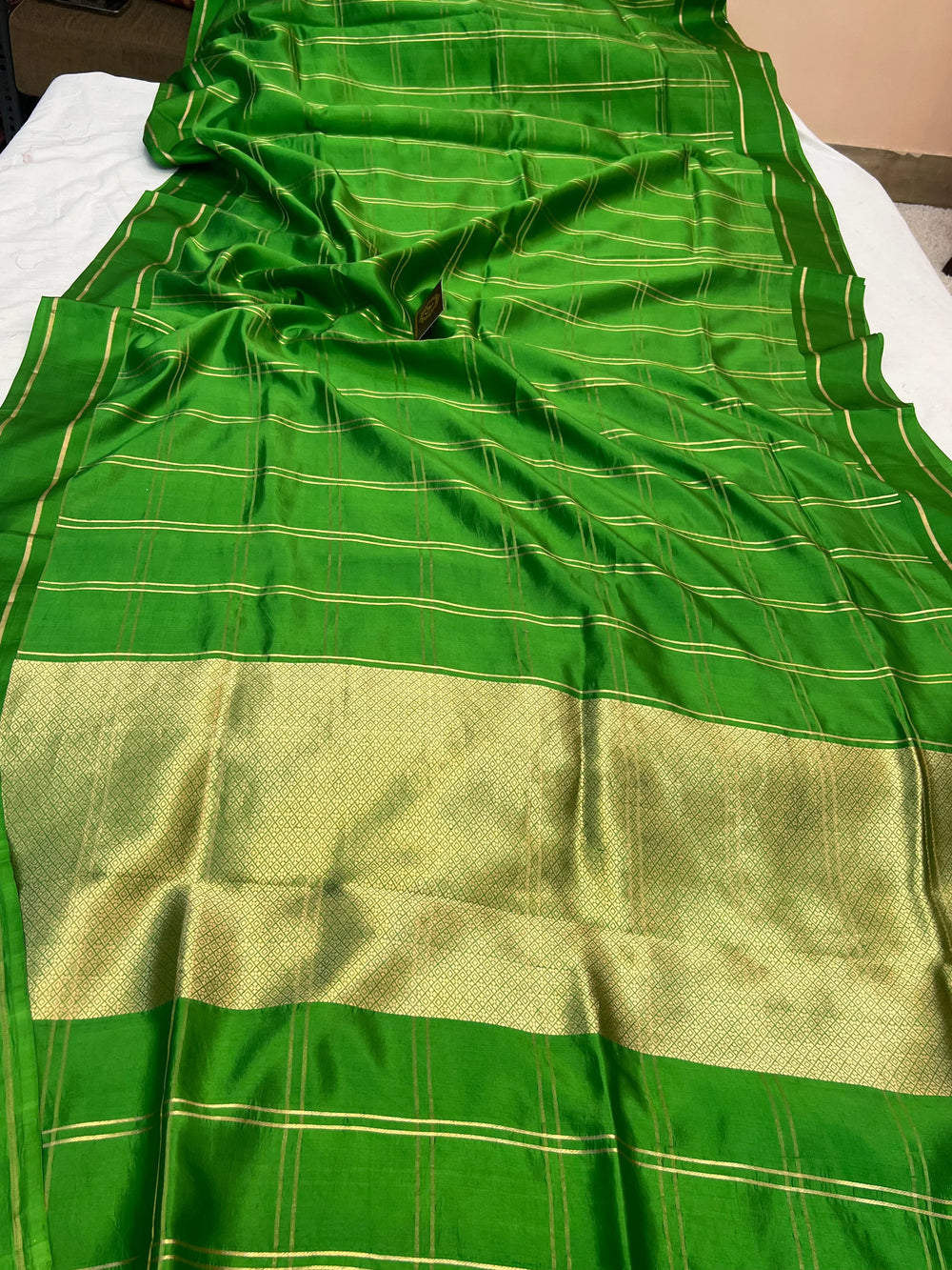 Green Banarasi Silk Saree | Zari Checks & Mashru Border