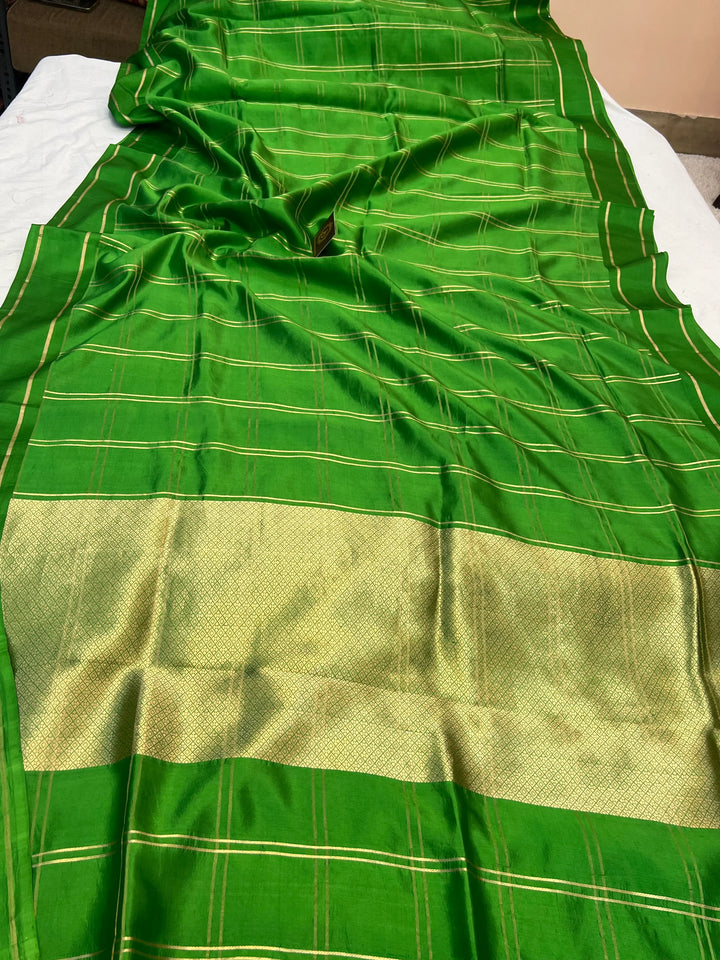 Green Banarasi Silk Saree | Zari Checks & Mashru Border