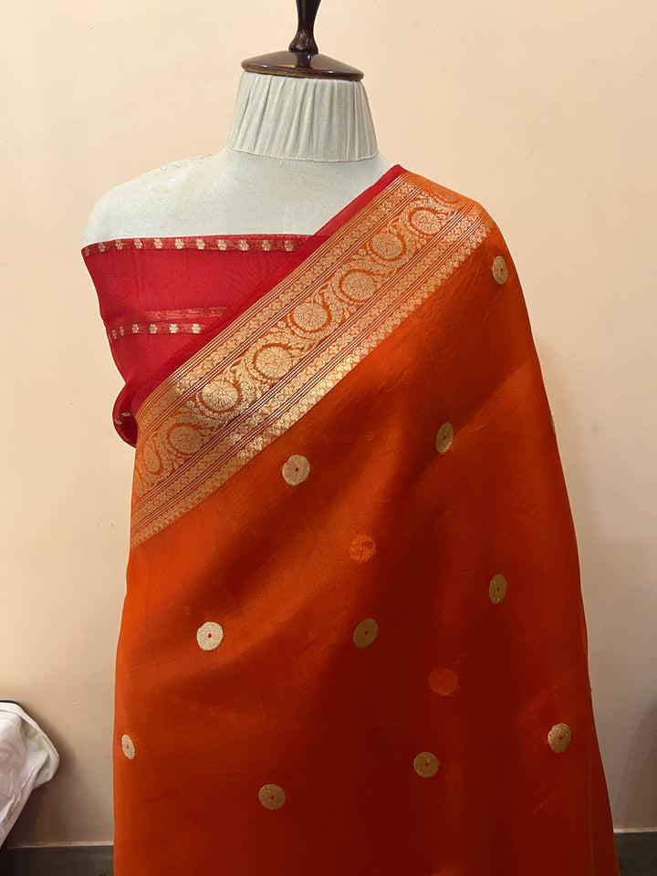 Orange Pure Kora Silk Handloom Banarasi Saree