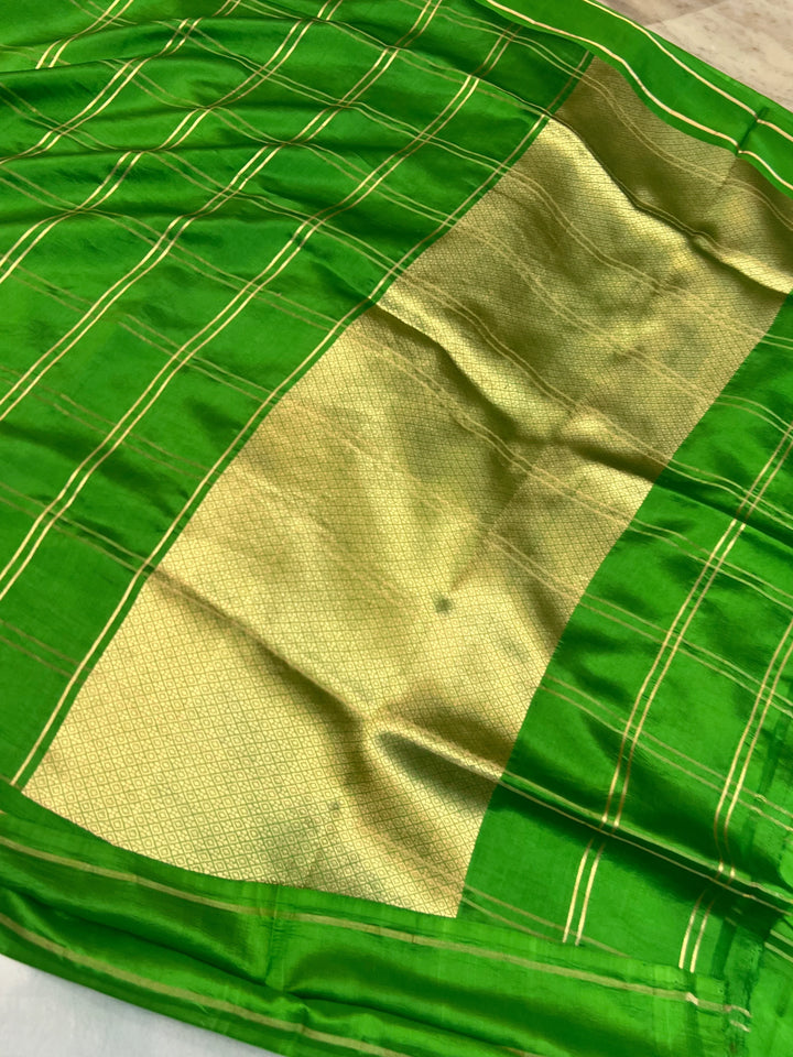 Green Banarasi Silk Saree | Zari Checks & Mashru Border