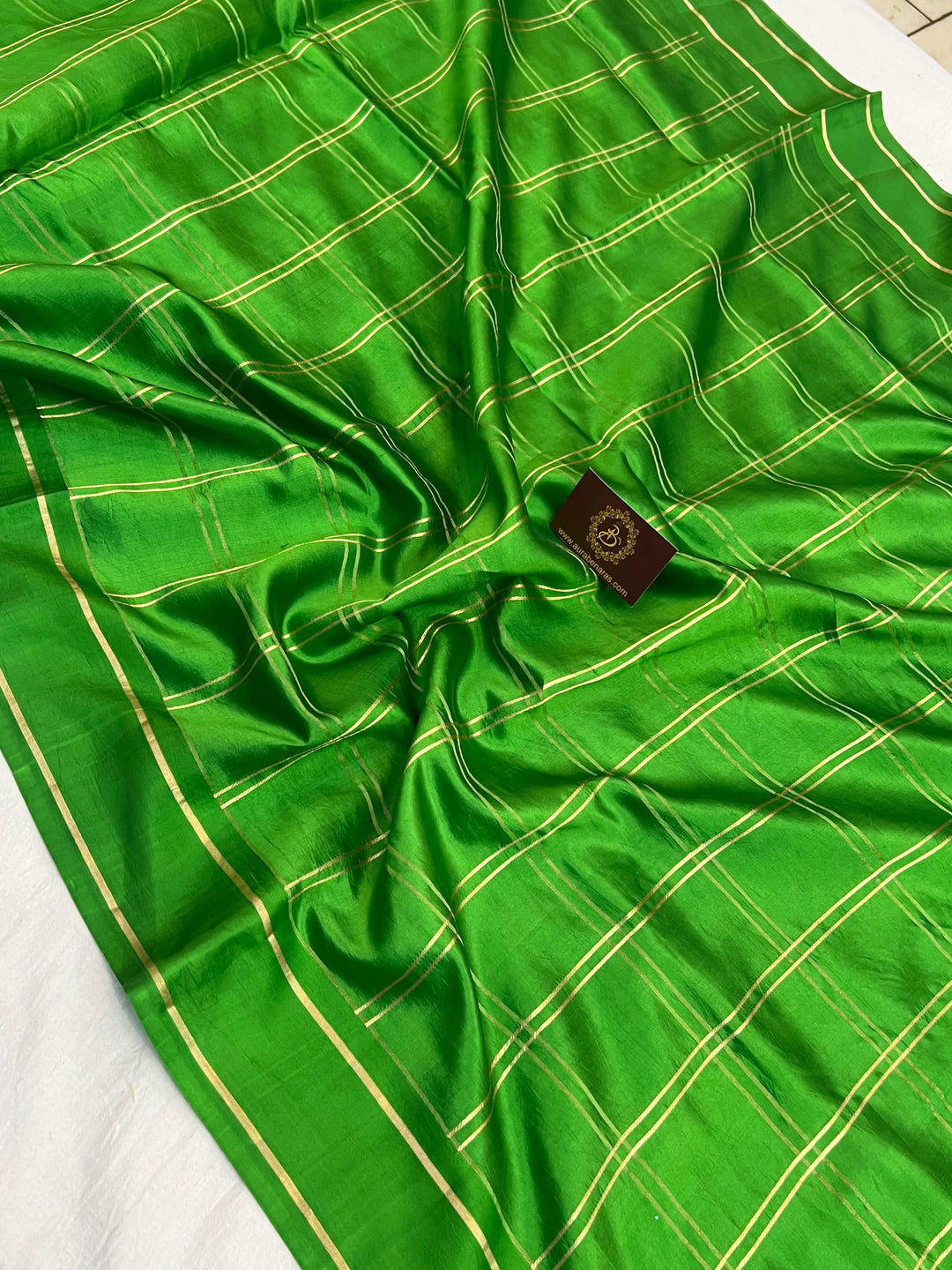 Green Banarasi Silk Saree | Zari Checks & Mashru Border