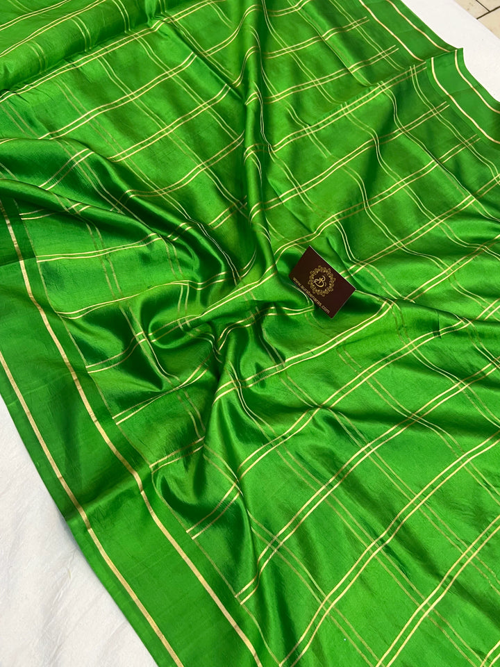 Green Banarasi Silk Saree | Zari Checks & Mashru Border