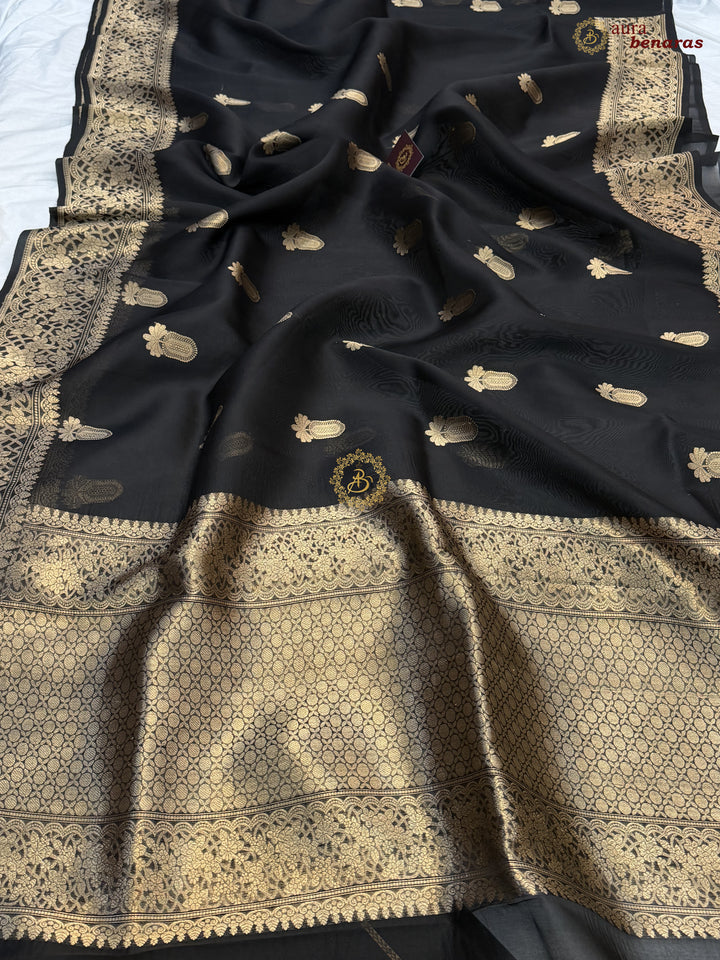 Black Pure Kora Silk Banarasi Saree AuraBenaras