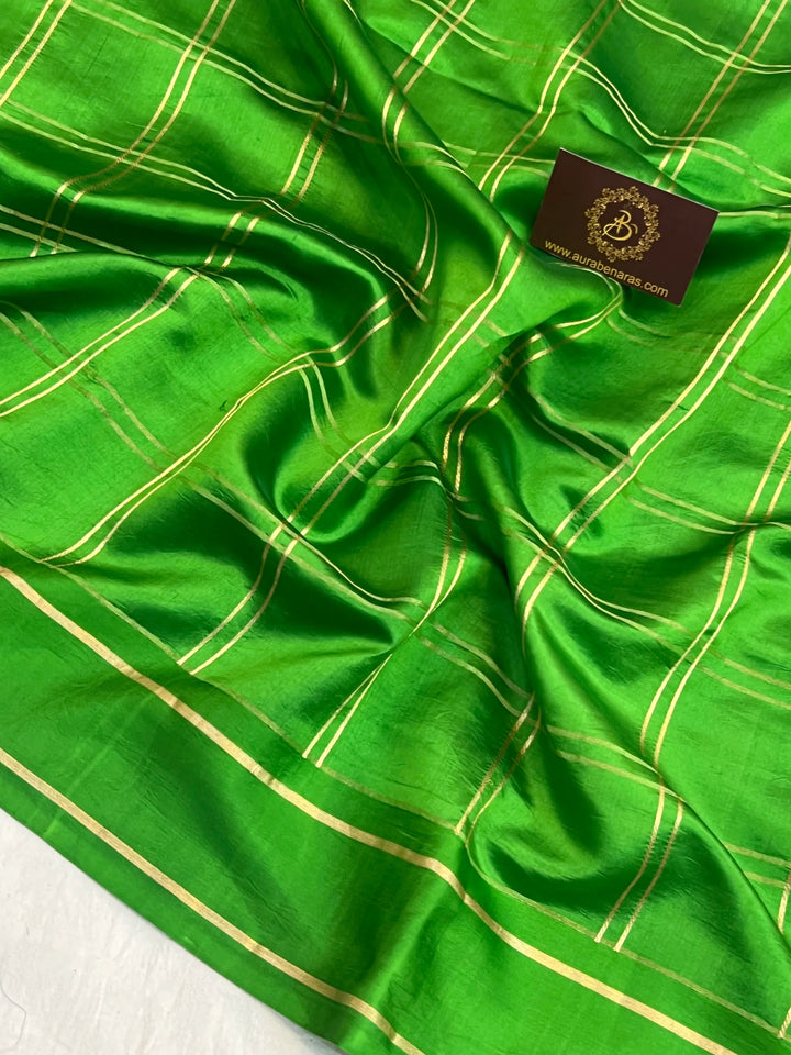 Green Banarasi Silk Saree | Zari Checks & Mashru Border