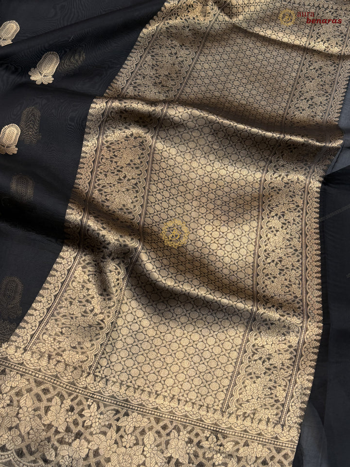 Black Pure Kora Silk Banarasi Saree AuraBenaras