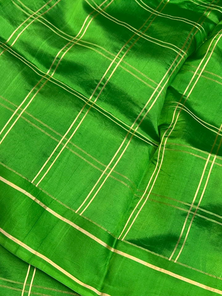 Green Banarasi Silk Saree | Zari Checks & Mashru Border