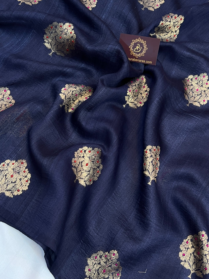 Navy Pure Tussar Silk Handloom Banarasi Saree