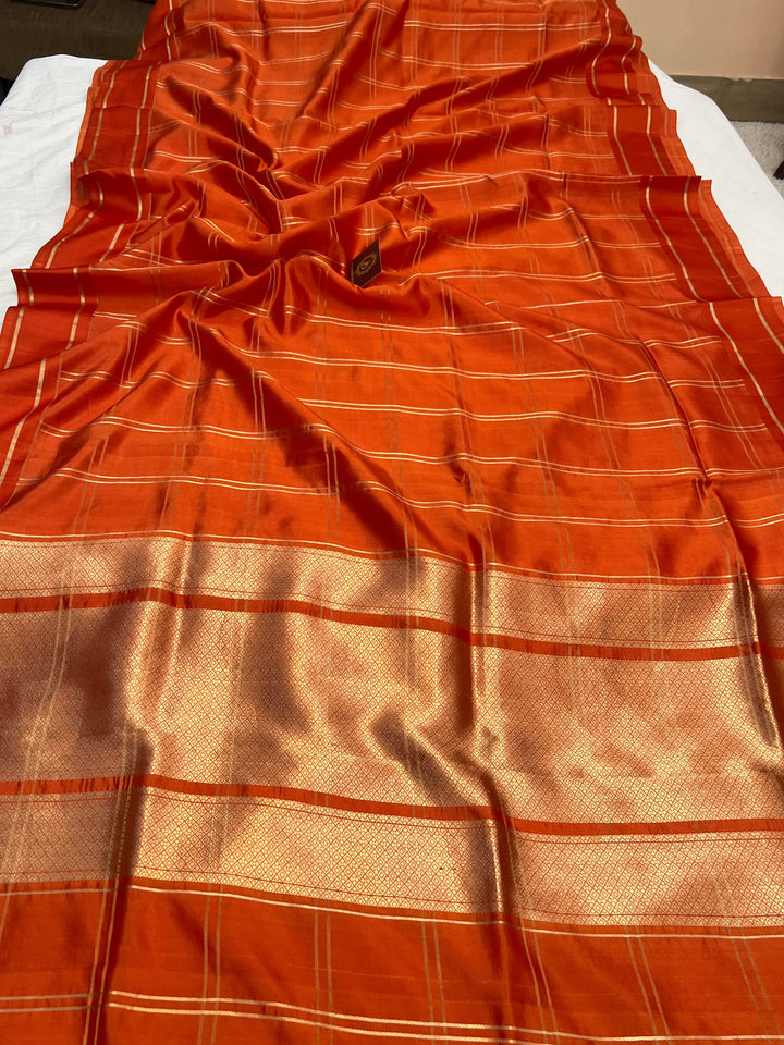 Orange Banarasi Silk Saree | Zari Checks & Mashru Border