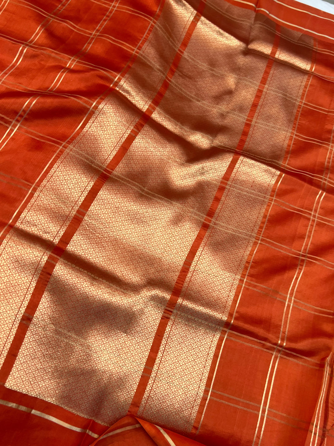 Orange Banarasi Silk Saree | Zari Checks & Mashru Border