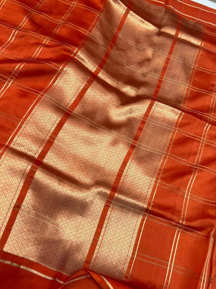 Orange Banarasi Silk Saree | Zari Checks & Mashru Border