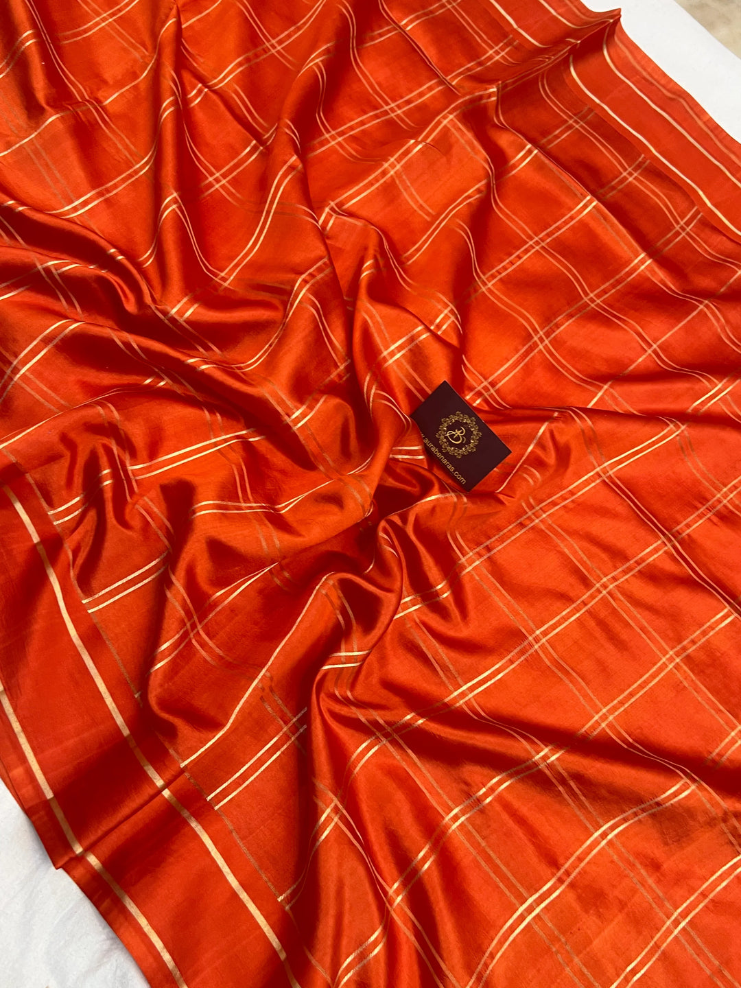 Orange Banarasi Silk Saree | Zari Checks & Mashru Border